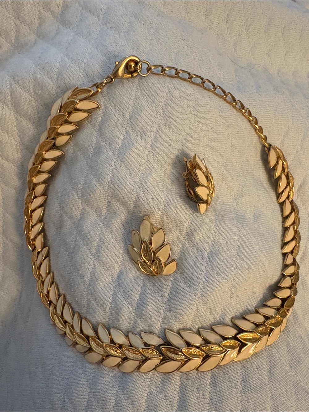 Gold Leaf Motif Necklace and Clip-On Earrings Set